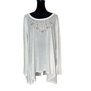 One World Size XXL Shirt Long Sleeve White Scoop Neck Christmas Bow Holiday